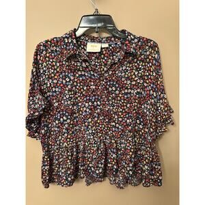 Maeve Anthropologie Black Multicolor Floral Short Sleeve Top Small